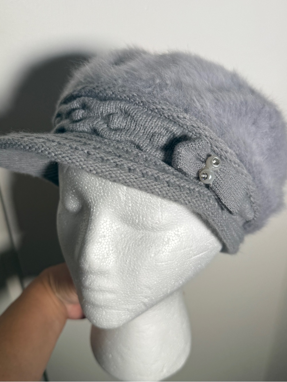 Newsboy Angora Blend Soft Gray Knit & Faux-Fur Visor Hat with Pearl Accent OS